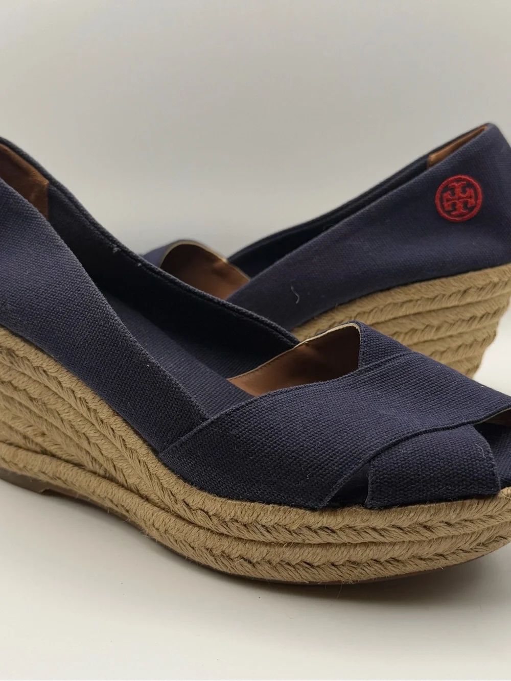 Tory Burch Navy Canvas Espadrille Wedge Peep Toe Heels Women’s 8 Coastal Preppy